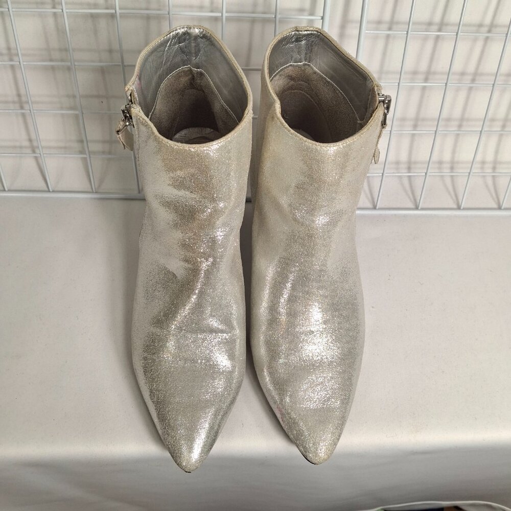 Silver Kitten Heel Pointed Toe Ankle Boot Bootie Metallic Glitter Sz 8 Zipper - Picture 6 of 14